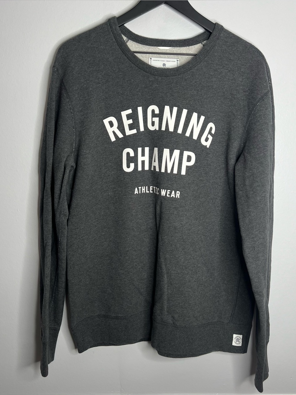 Reigning Champ Gym Logo Crew Sweatshirt Mens Large Heather Charcoal Grey